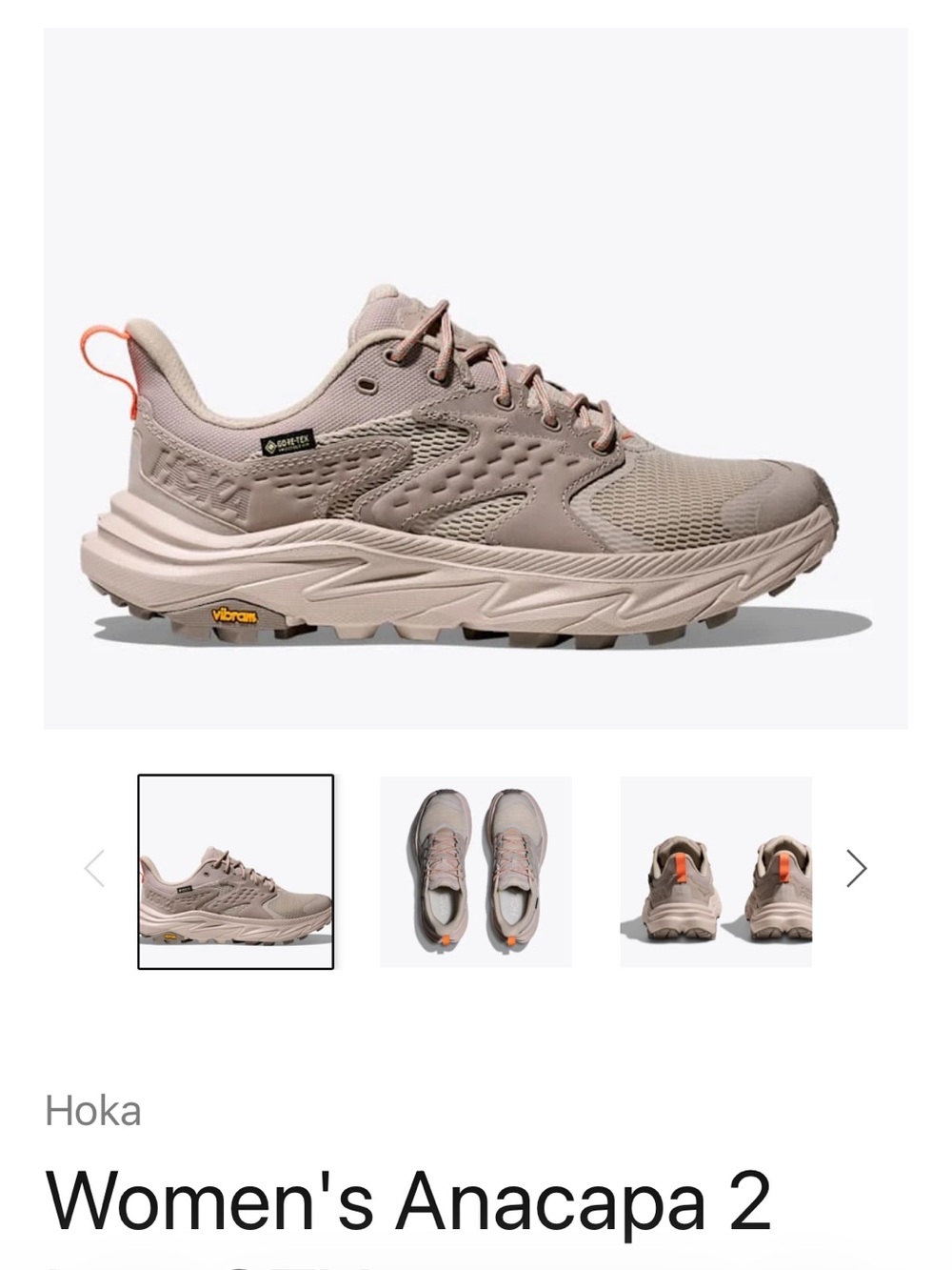 Hoka Women's Anacapa 2 Low GTX Trail Shoe - Light Taupe with Coral Pull Tab